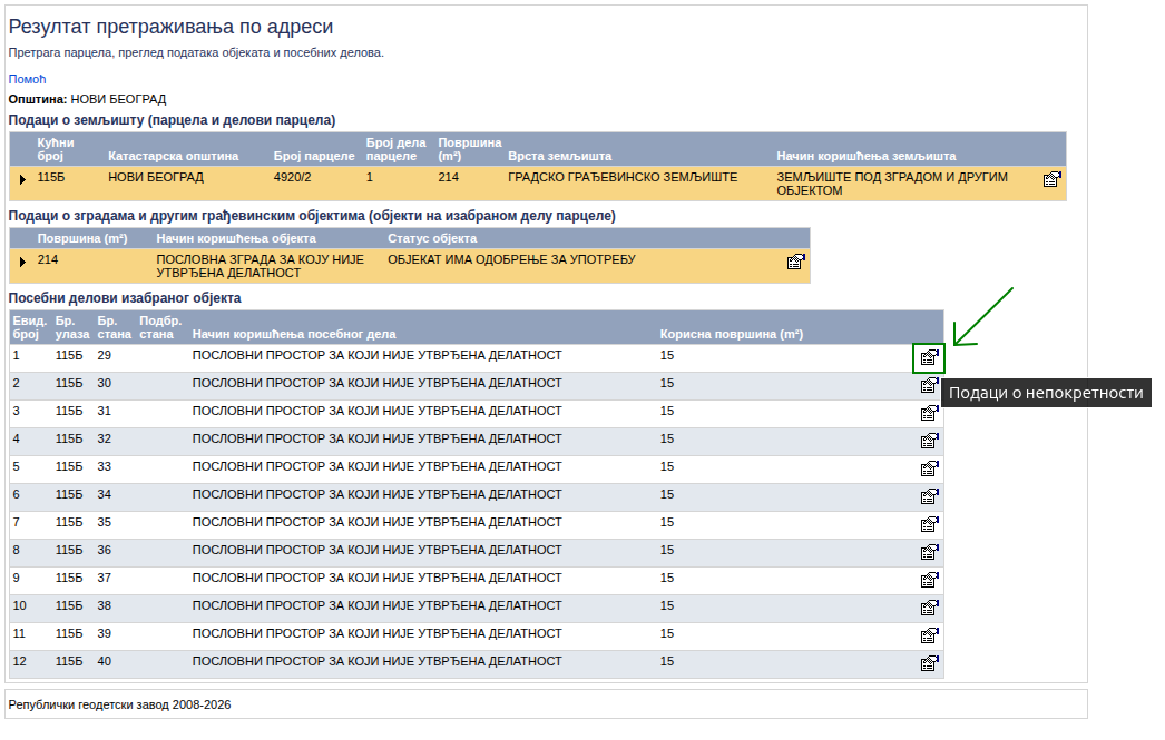 Otvorite podatke o zemljištu klikom na ikonicu