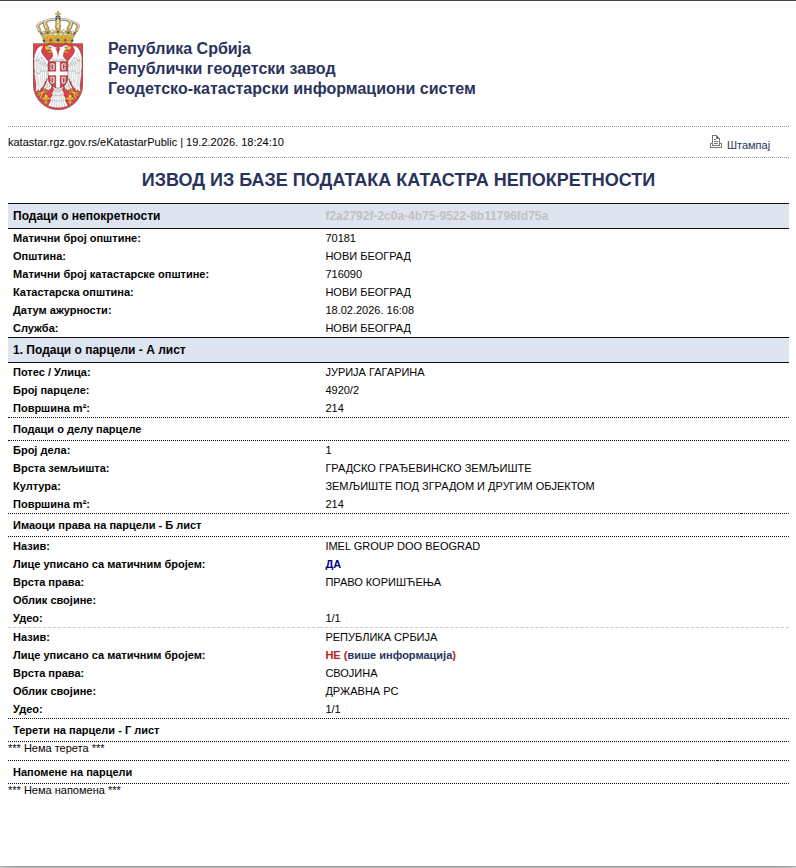Zatim preuzmite izvod iz baze podataka katastra nepokretnosti