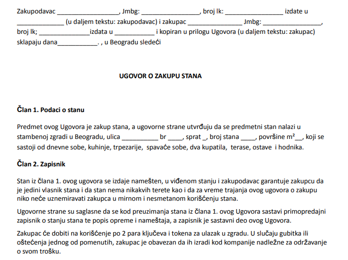 Primerak ugovora o zakupu stana